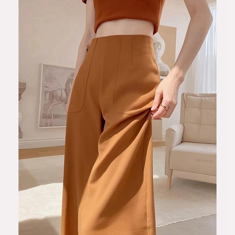 Orange High-Waisted Narrow Wide-Leg Pants with Drape for Women, Summer 2025 New Trendy Popular Casual Straight Pants