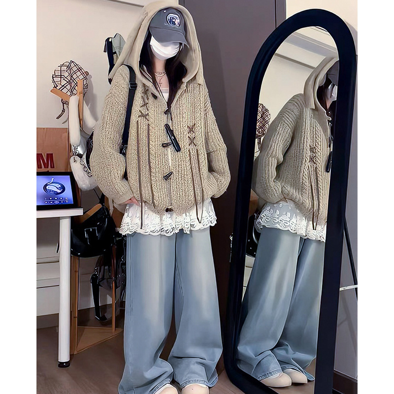 美式复古兔耳朵牛角扣连帽毛衣女秋冬2025新款慵懒风针织开衫外套|undefined