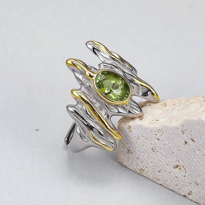 S925 Sterling Silver Irregular Personality Unisex Style Prehnite Open Ring