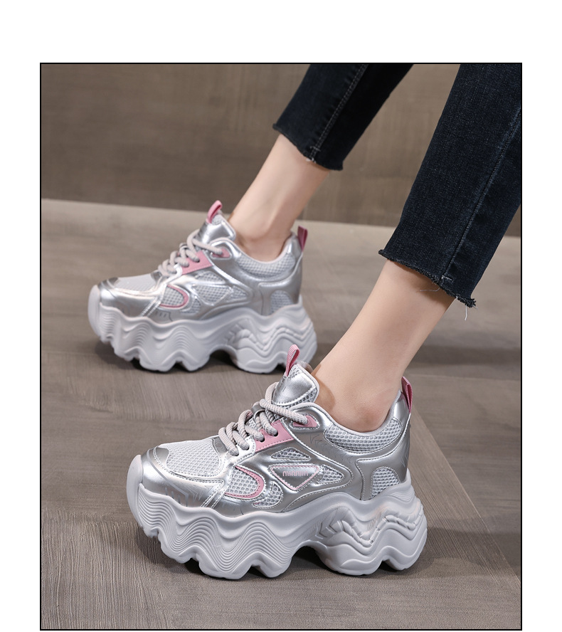Giày thể thao nữ đế dày tăng chiều cao lưới thoáng khí phong cách dad sneaker — Màu be chi tiết 18