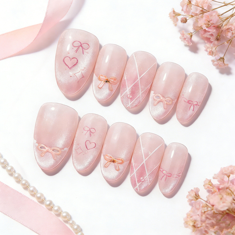 New Year's Manicure Sweet Crystal Cat's Eye Embossed Bow Heart French Style Segmented Almond-Shaped Pre-Made Nail Tips Wholesale