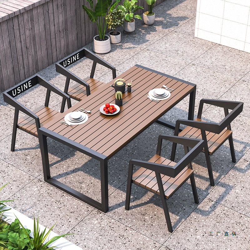 Industrial Style Plastic Wood Outdoor Tables and Chairs Outdoor Waterproof Sun Protection Leisure Table Balcony Courtyard Open-Air Dining Table and Chair Combination
