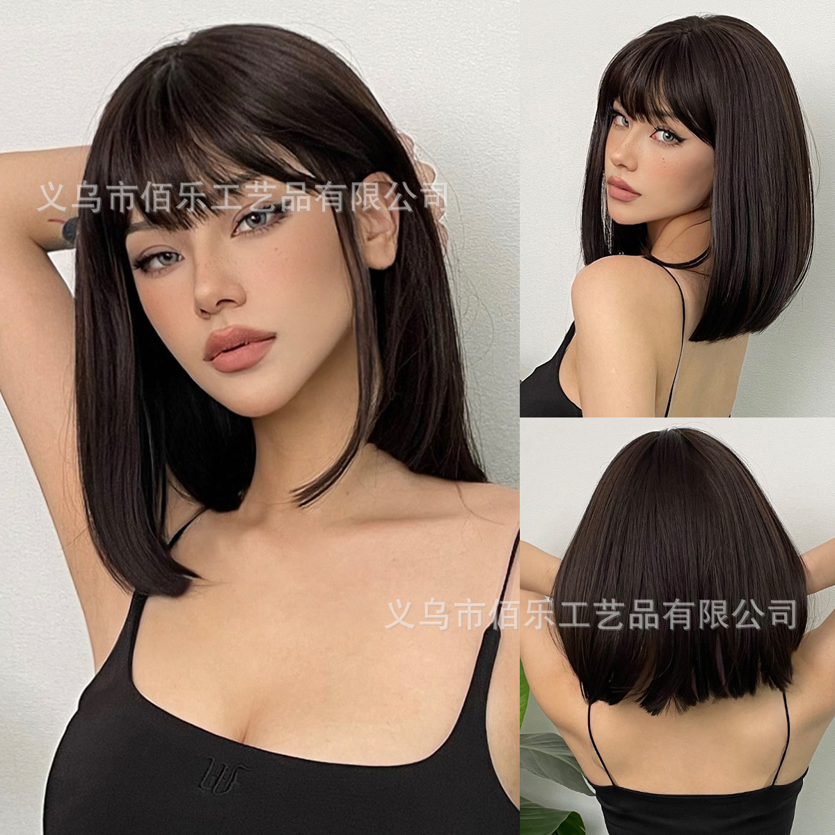 Estilo lindo negro marrón flequillo pelo corto recto Bobo cabeza natural Diario Femenino peluca fabricante en stock pelucas