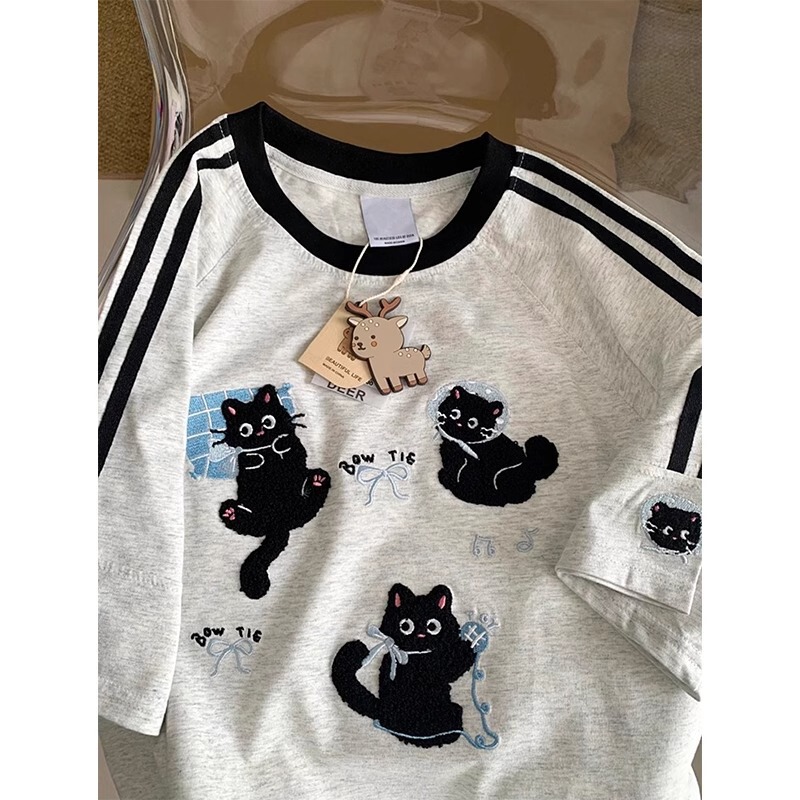 公式写真純綿半袖 Tシャツ夏 2025 新しい刺繍花レトロストライプスリムフィット右肩ラウンドネックトップ女性用|undefined