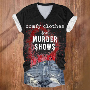 Cross-border Hot Women Murder Show and Comfortable Clothing T-Shirt Funny Crime Show 3D Digital Print V-neck Shirt