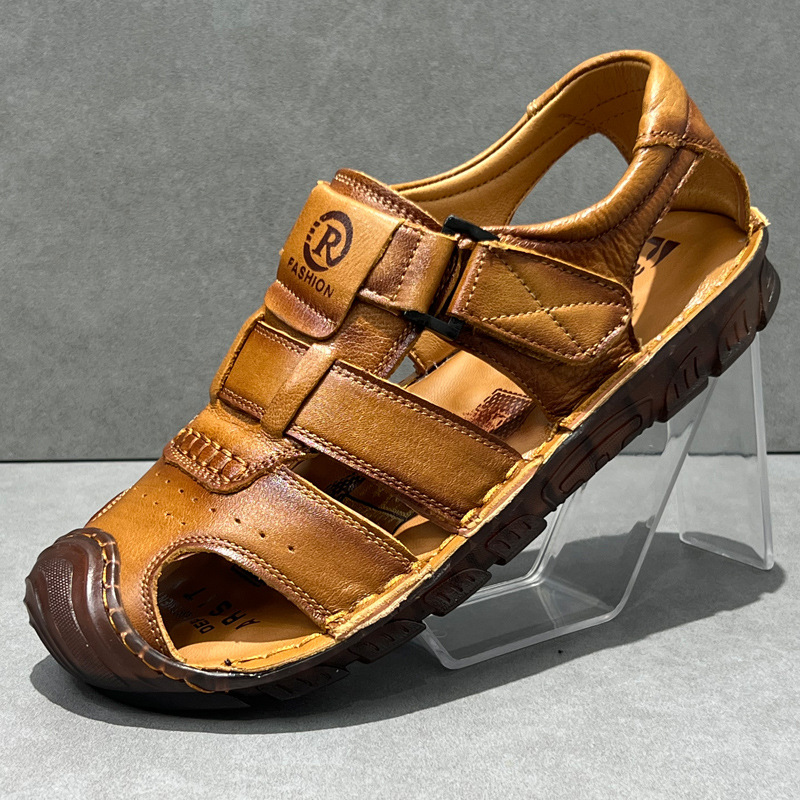 Sandals Men's High-end Genuine Leather Breathable Summer New Style Baotou Hole Shoes Beef Tendon Soft Sole Wear-resistant Non-slip Beach Shoes