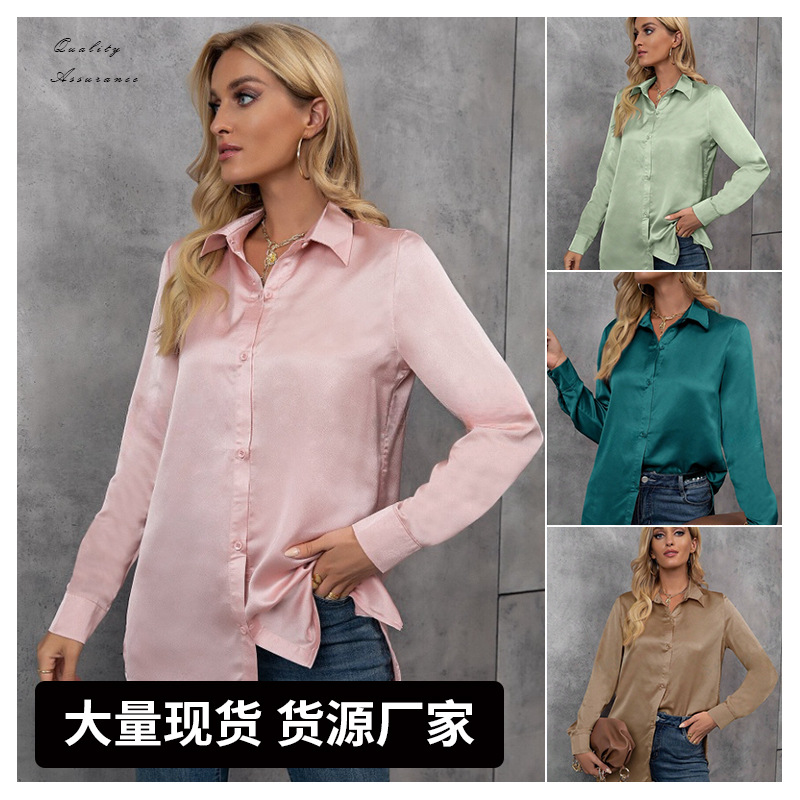 Camisa de manga larga de color de temperamento europeo y americano, nueva primavera y verano, camisa de seda suelta de imitación de color sólido, top de color de manga larga