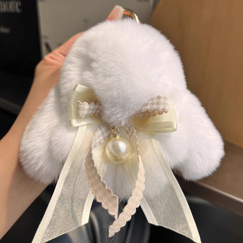 Cute conejo real peludo arco perla pequeño conejo llavero de coche colgante muñeca de peluche bolsas colgante
