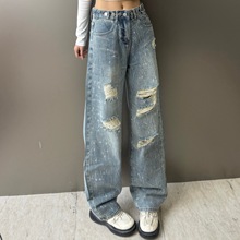 153小个子设计感破洞新款阔腿新款高腰宽松显瘦烫钻闪牛仔裤女ins