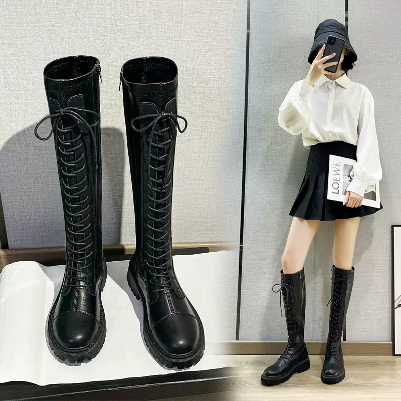 长筒靴女骑士靴2025年新款秋冬季粗腿高筒靴厚底马丁靴女弹力靴子