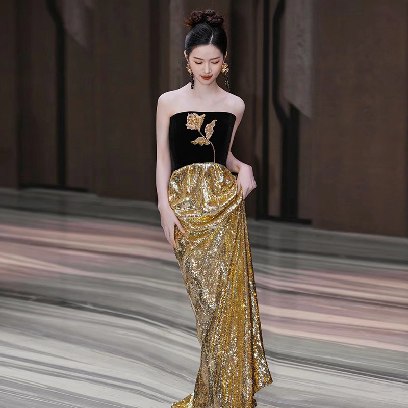 Đầm maxi nữ thắt eo kiểu Pháp, tay ống, phối sequin lấp lánh, dáng dài dự tiệc — Màu như hình