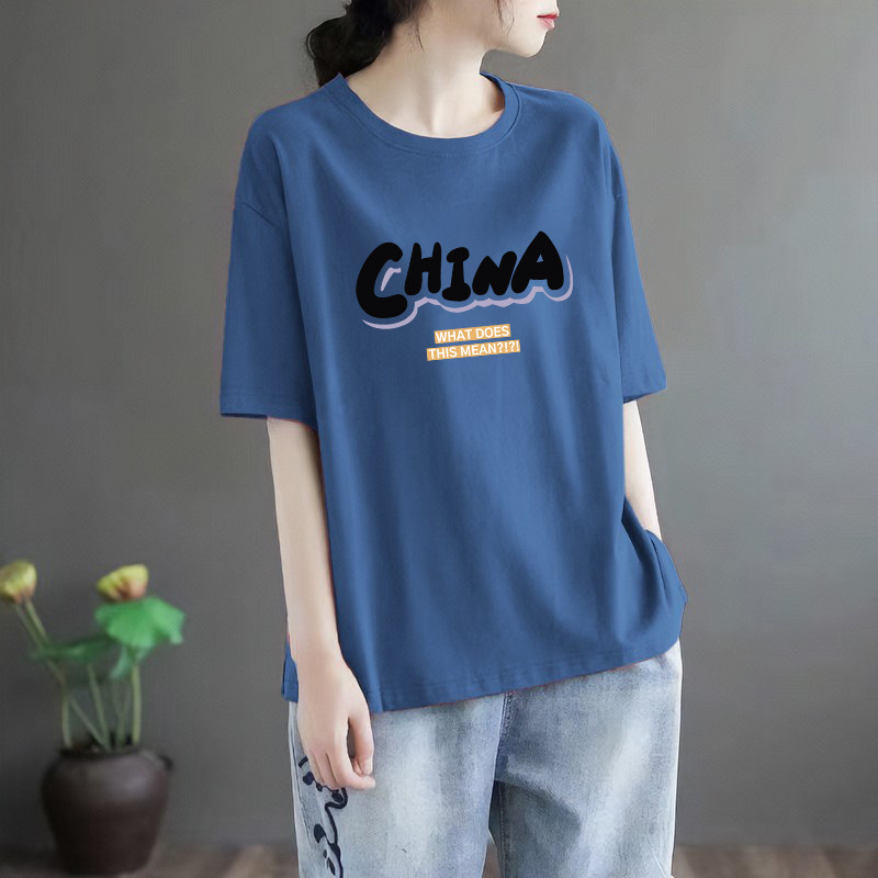 淘宝服ファッショングレー新しいラウンドネックルーズ半袖Tシャツ女性の新しいデザインの文学トップ|undefined