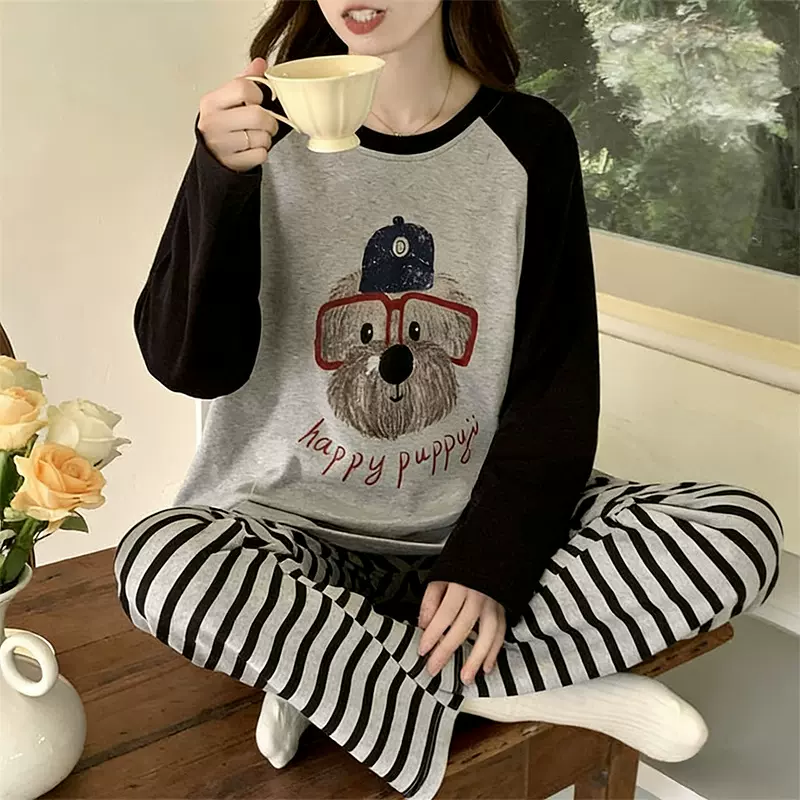 2025新款可爱眼镜熊睡衣女士春秋季长袖长裤薄款套装家居服可外穿