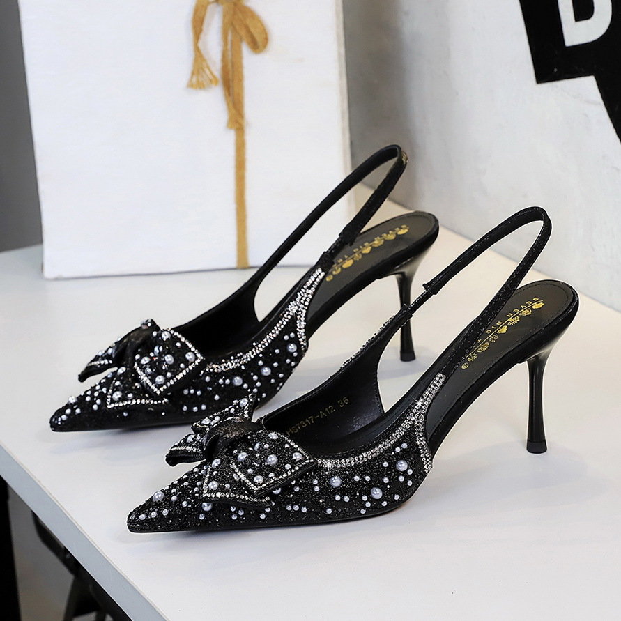 7317-AH99 French Sweet Style Sequin Beaded Bow High Heels Pointed Toe Backless Strap Women's Shoes_vogvips.com