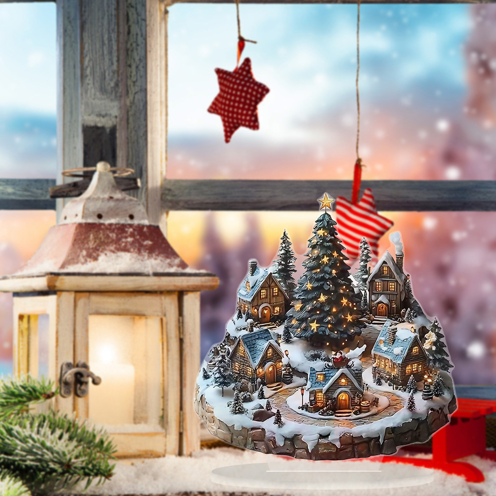 跨境新款雪屋圣诞树亚克力带底座桌面摆件防水耐磨节日氛围装饰
