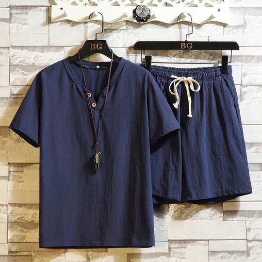 Cotton Linen Short-sleeved Shorts suit Men's Chinese-style Summer Trendy Middle-aged and Elderly Dad Linen Casual Sports Two-piece Set