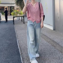 24893大爱美依缘2024秋季新款简约净版宽松外套高腰直筒牛仔裤女