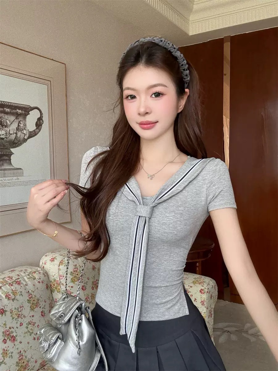 5167 ¿ nueva camiseta de manga corta con tirantes de hombro de viento dulce en verano mujeres delgadas y delgadas blusas con almohadilla para el pecho image 10