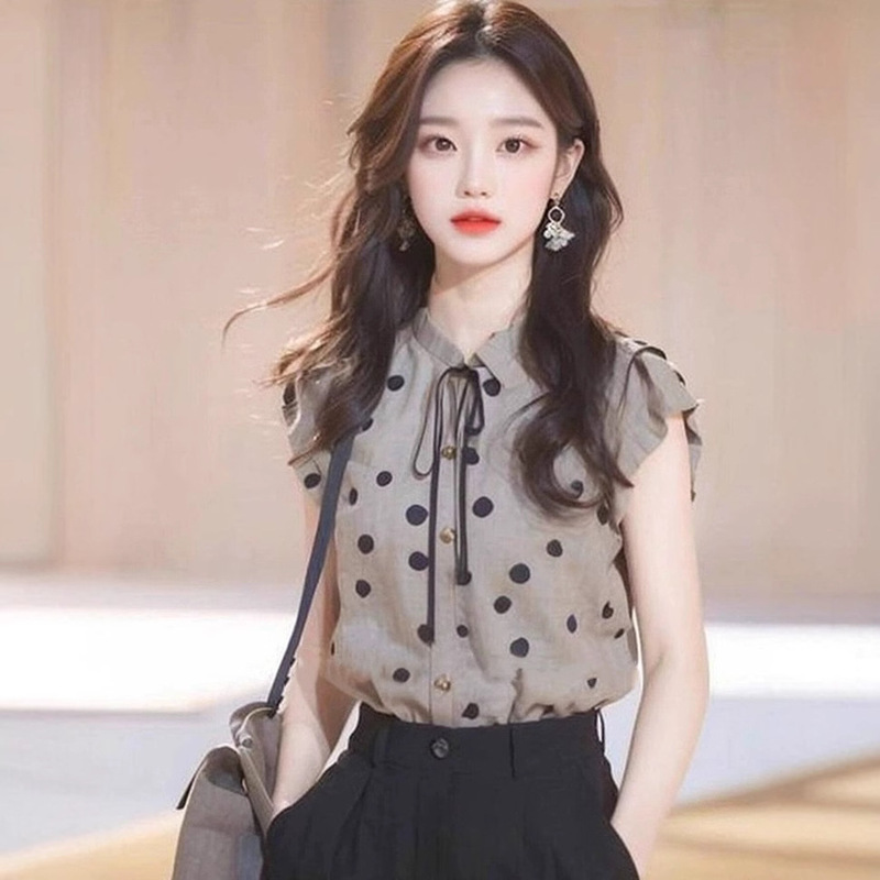 New Chinese Style National Style Wave Dot Printing Small Flying Sleeve Shirt Women's Design Sense Niche Summer Unique Beautiful Small Shirt Top