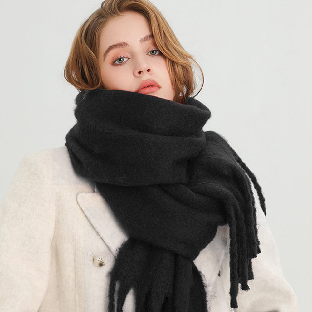 Cross-Border Autumn and Winter New Solid Color Mohair Tassel Scarf Solid Color Thickened Women's Warm Shawl Versatile Scarf Wholesale