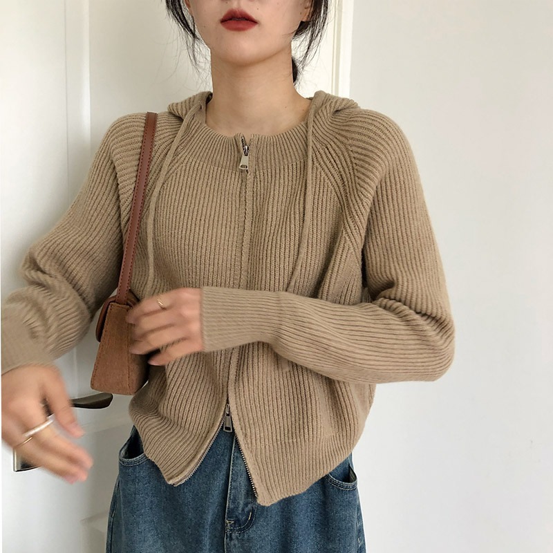 (2개) 여성용 지퍼 후드 니트 가디건, 여성용 복고풍 일본식 게으른 스타일 스웨터 재킷, 가을, 겨울 디자인, 짧은 스타일