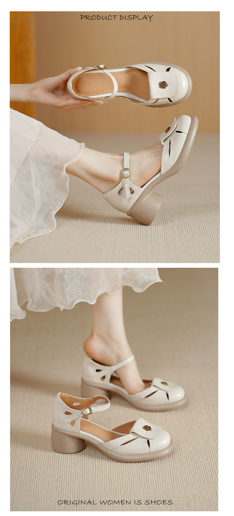 Sandal nữ đế dày 5cm gót hoa trà quai ngang khóa mũi — đen chi tiết 4