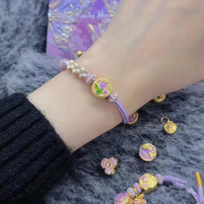 Shuibei Gold Authentic Source 3D Hard Gold Enamel Monet Garden Tulip Pure Gold 999 Transfer Bead Bracelet