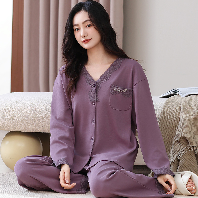 Pajamas for Women Pure Cotton Long-Sleeved Cardigan Spring and Autum Pure Color Simple Thin Middle-Aged Mother's Home Clothes Large Size Can Be Worn Outside Pajamas for Women Pure Cotton Long-Sleeved Cardigan Spring and Autum Pure Color Simple Thin Middle-Aged Mother's Home Clothes Large Size Can Be Worn Outside