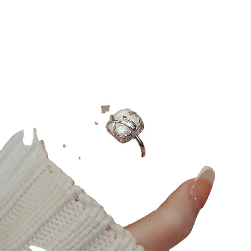 Anillo chapado en plata S925 envuelto en perlas de imitación de forma especial para mujer, anillo abierto asimétrico elegante de moda retro, anillo de dedo índice