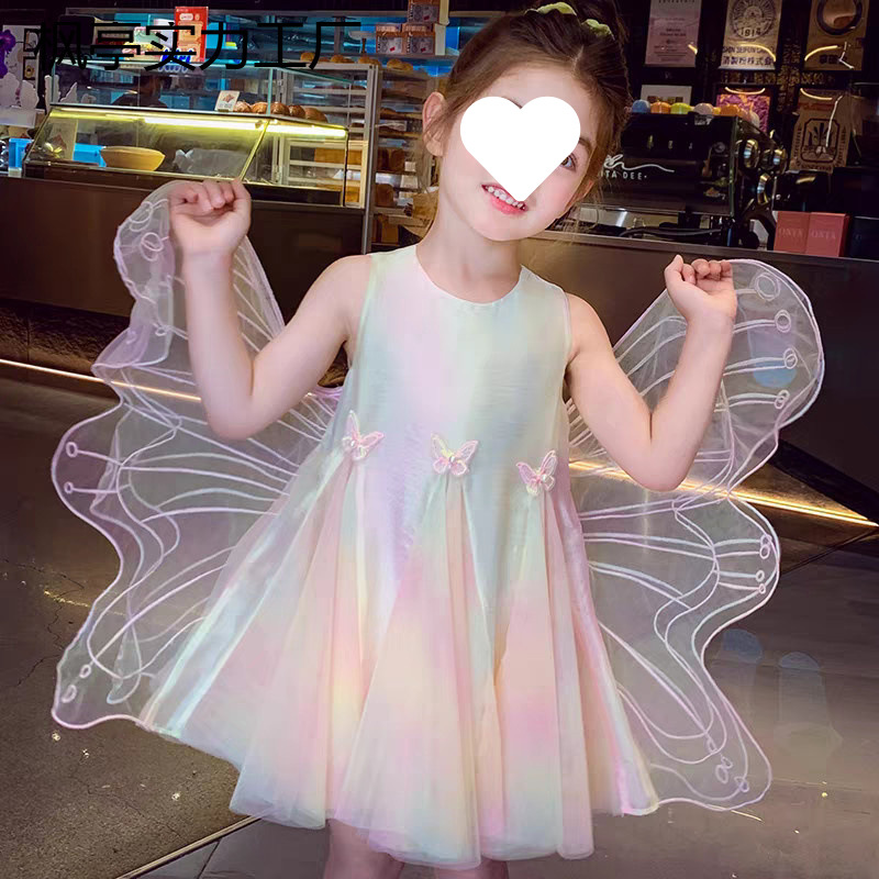 Girls Summer Style Dress 2025 New Little Girl Super Fairy and Beautiful Rainbow Color Stereo Butterfly Vest Dress