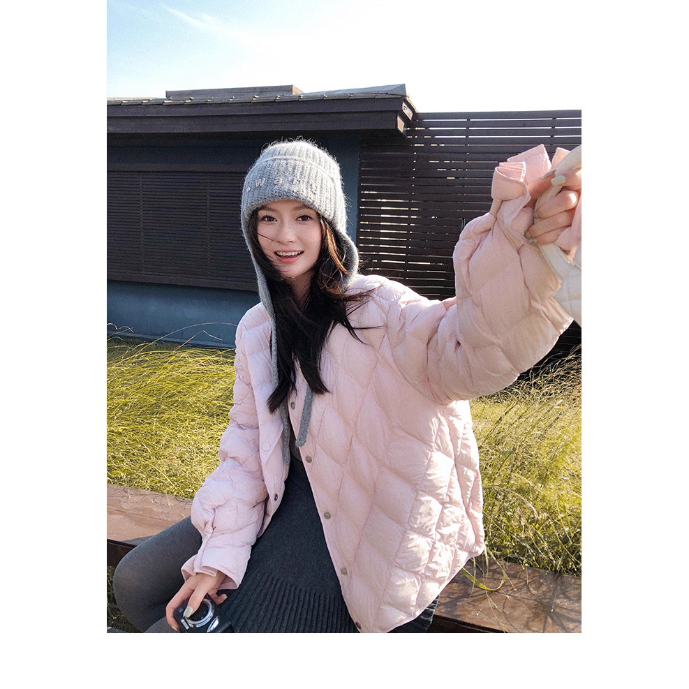 轻薄小菱格90白鸭绒2025秋冬保暖圆领防风羽绒服女短款花苞袖外套