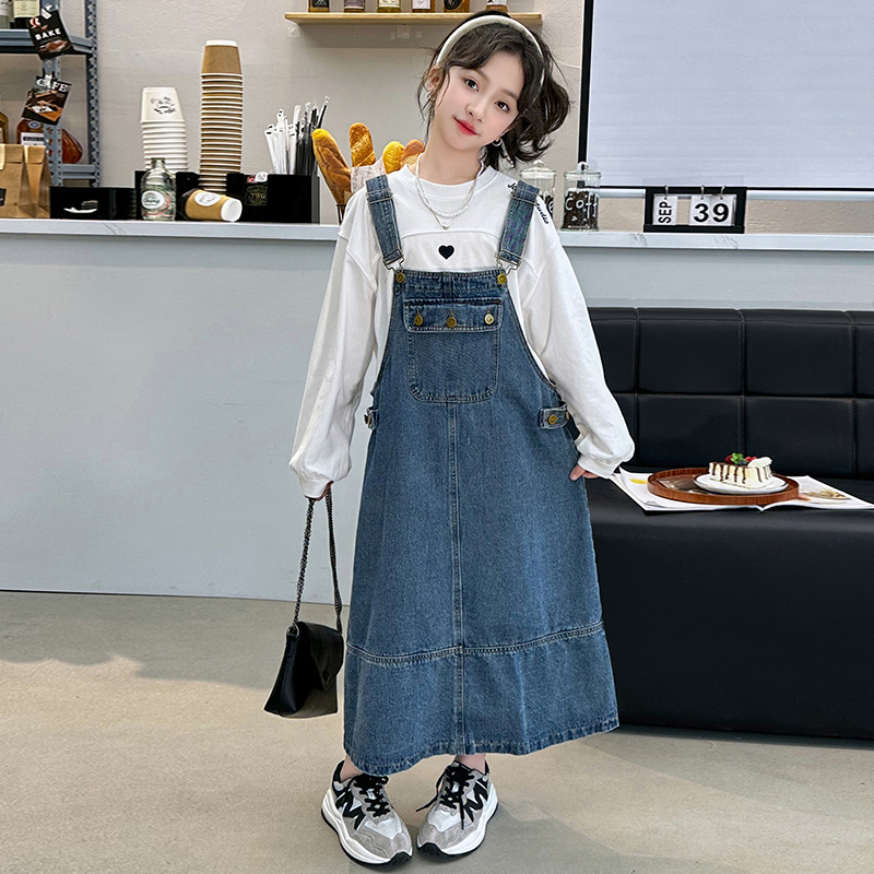 Girls' Cowboy Overalls Dress 2024 Spring New Korean Style Children's Medium-Long Length Stylish Skirt with Teenage Drop Shoulder Dress