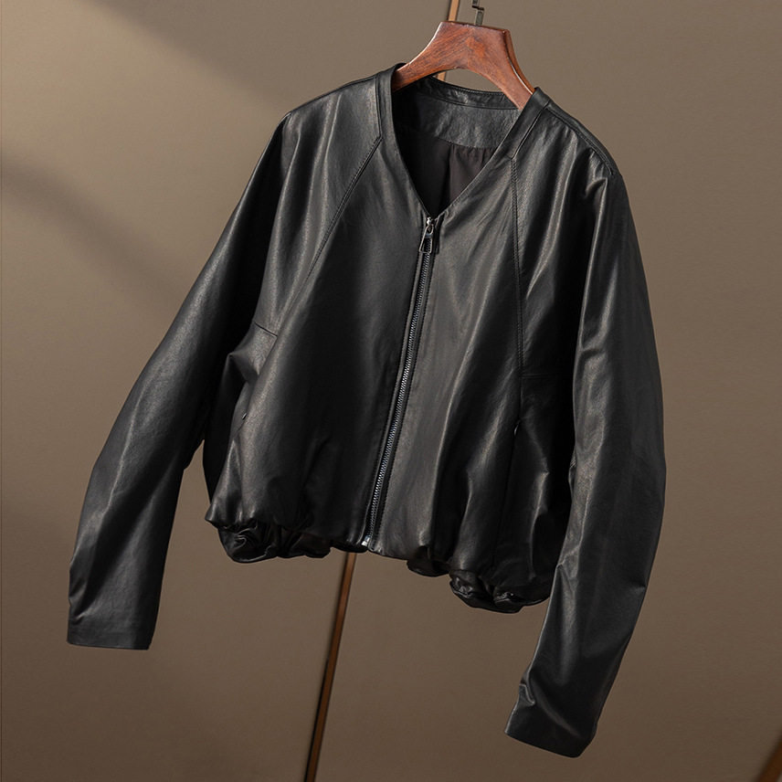 Casual Zipper Large V-neck Cardigan Sheepskin Genuine Leather Jacket Women's Autumn and Winter New All-match Jacket Elegant