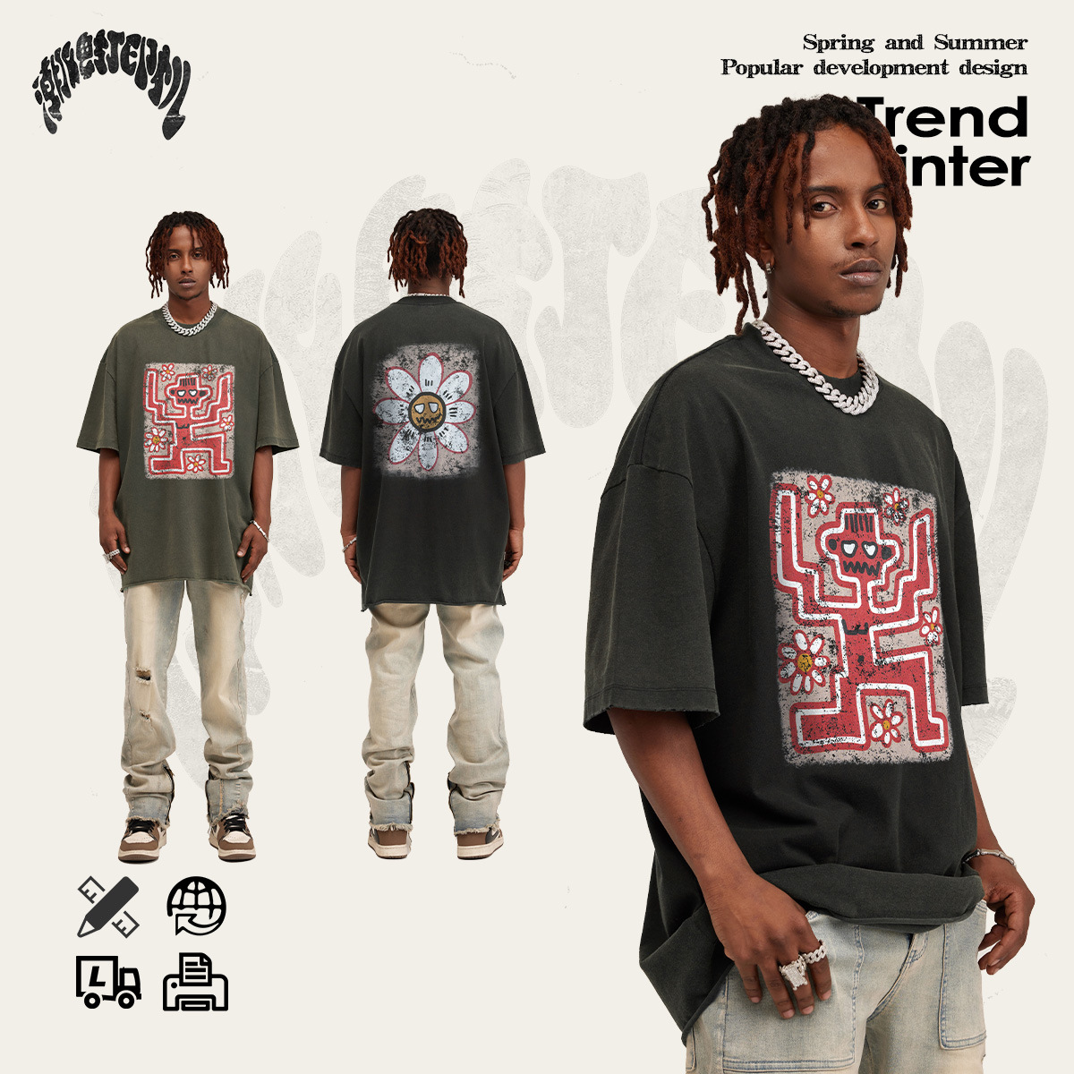 2025 estilo americano vintage marca de moda lavado con agua hacer viejas flores divertidas impresión de manga corta camiseta de calle vintage suelta hombre