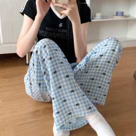 蝴蝶结格子休闲裤夏季新款泡泡纱可爱卡通宽松遛弯家居裤睡裤外穿
