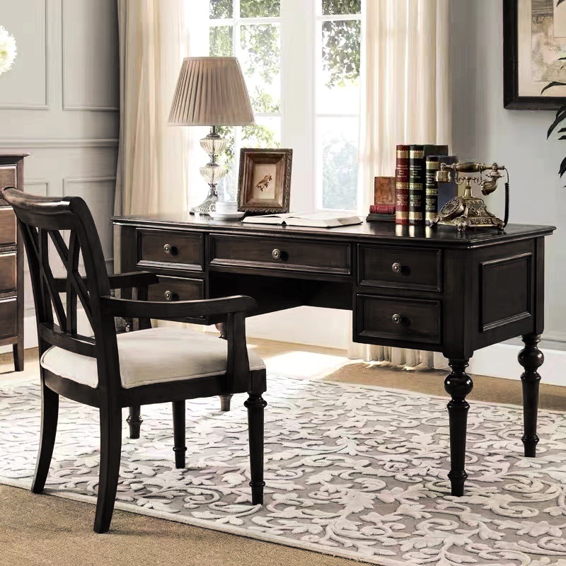 American Style Solid Wood Desk and Chair Combination Small Apartment Black Simple Modern Office Computer Desk Study Home Writing Desk