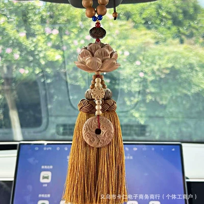 Car hanging pendant for safety, lotus car - peachwood-lotus-golden-double-tassels