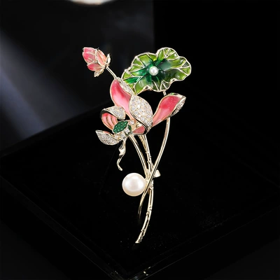 New Guofeng Plant Flower Handmade Enamel Brooch Niche High-grade Fine Zircon Natural Pearl Lotus Pin (Yaxa sancaqları) - pink-lotus