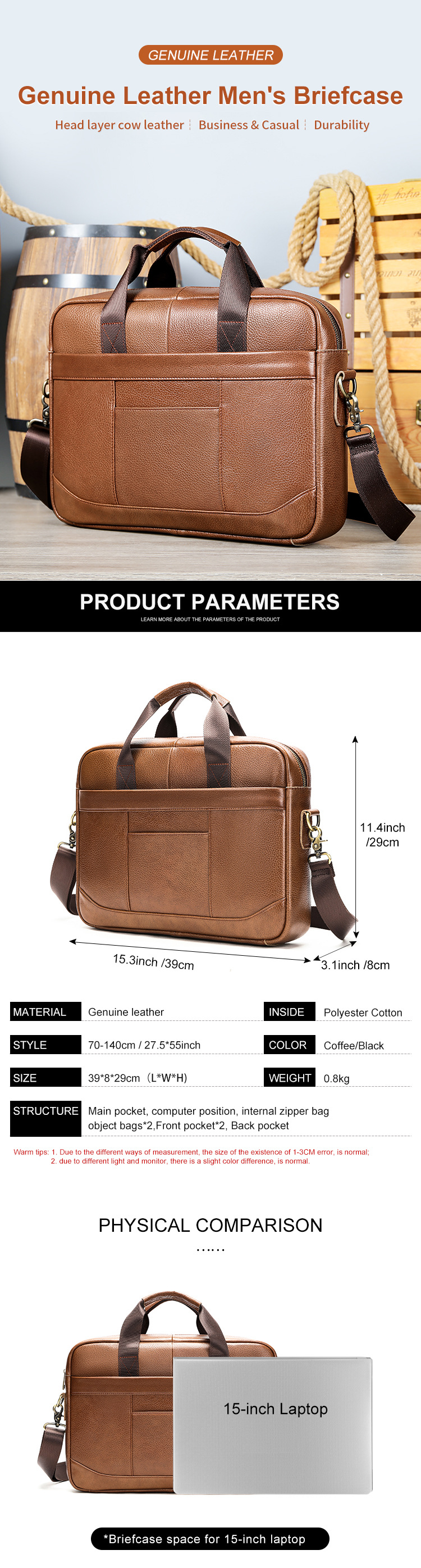 Cặp da bò công sở nam đựng laptop 15,6 inch, túi xách tay đeo chéo đa năng — Cà phê, màu đen, 39cm*8cm*29cm chi tiết 11