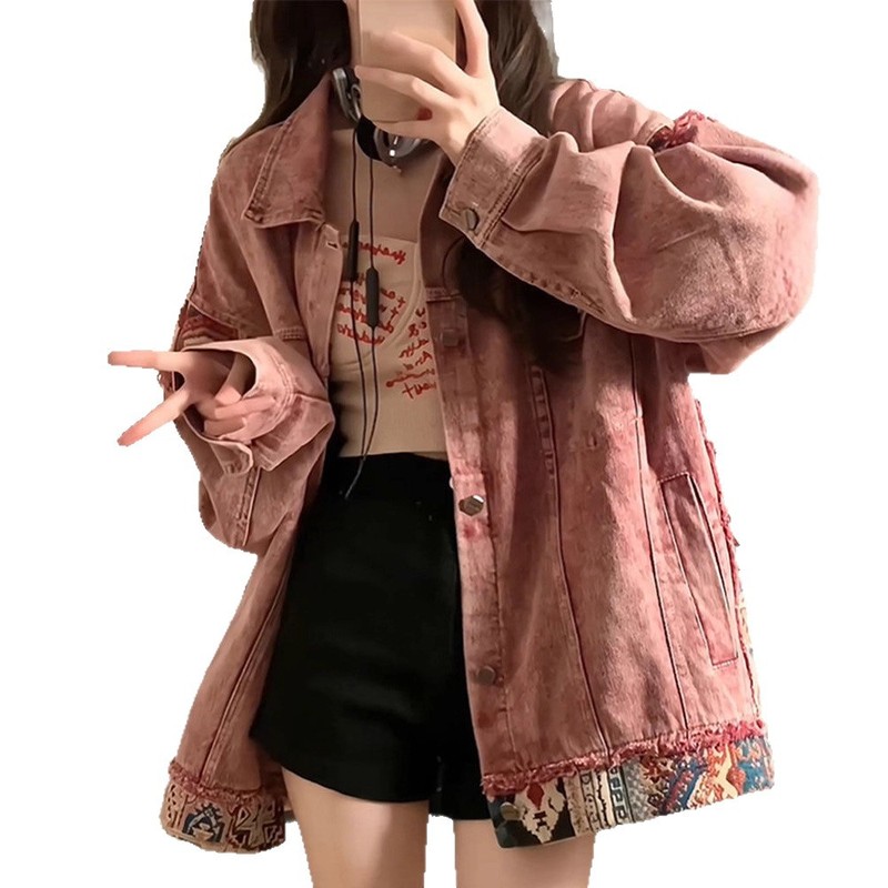 美式复古拼接牛仔外套女春秋宽松设计感小众休闲百搭粉色工装上衣|undefined