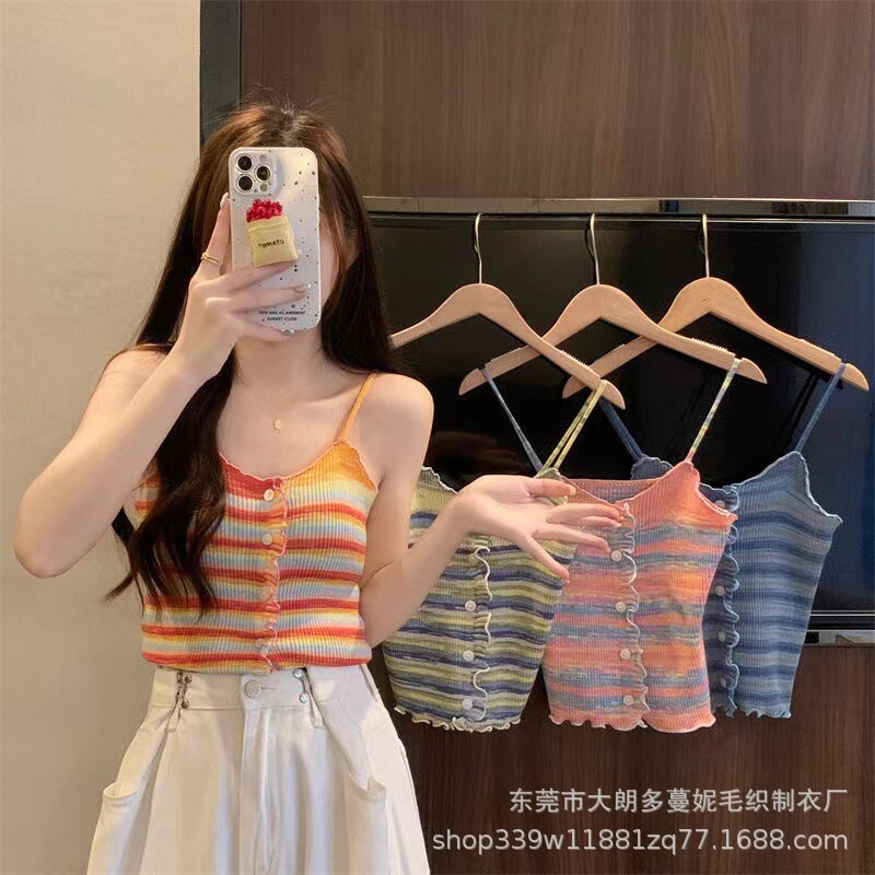 Summer New Rainbow Six wool knitted Hong Kong style camisole women's slim-fit slimming retro holiday striped vest