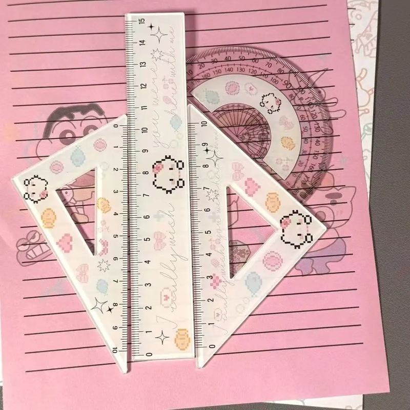 可爱卡通KT像素套尺学生卡通全套三角尺直尺文具圆尺|undefined