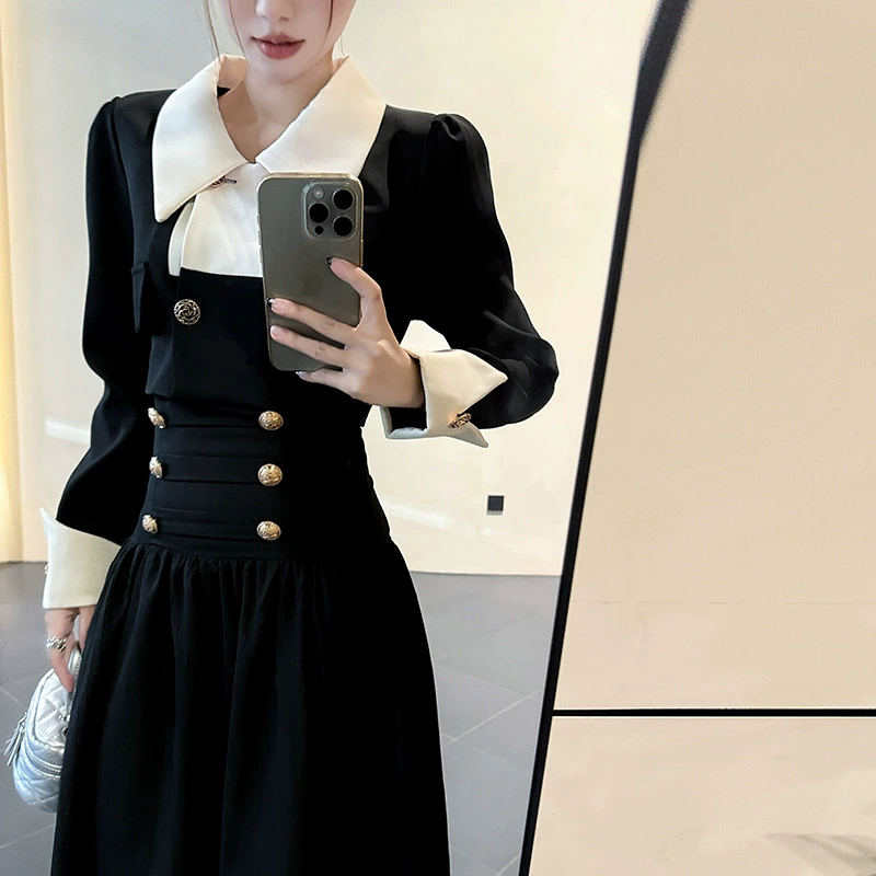 Демисезонный ретро комплект платье (Chanel style), чёрный с контрастным воротником и манжетами, высокое качество