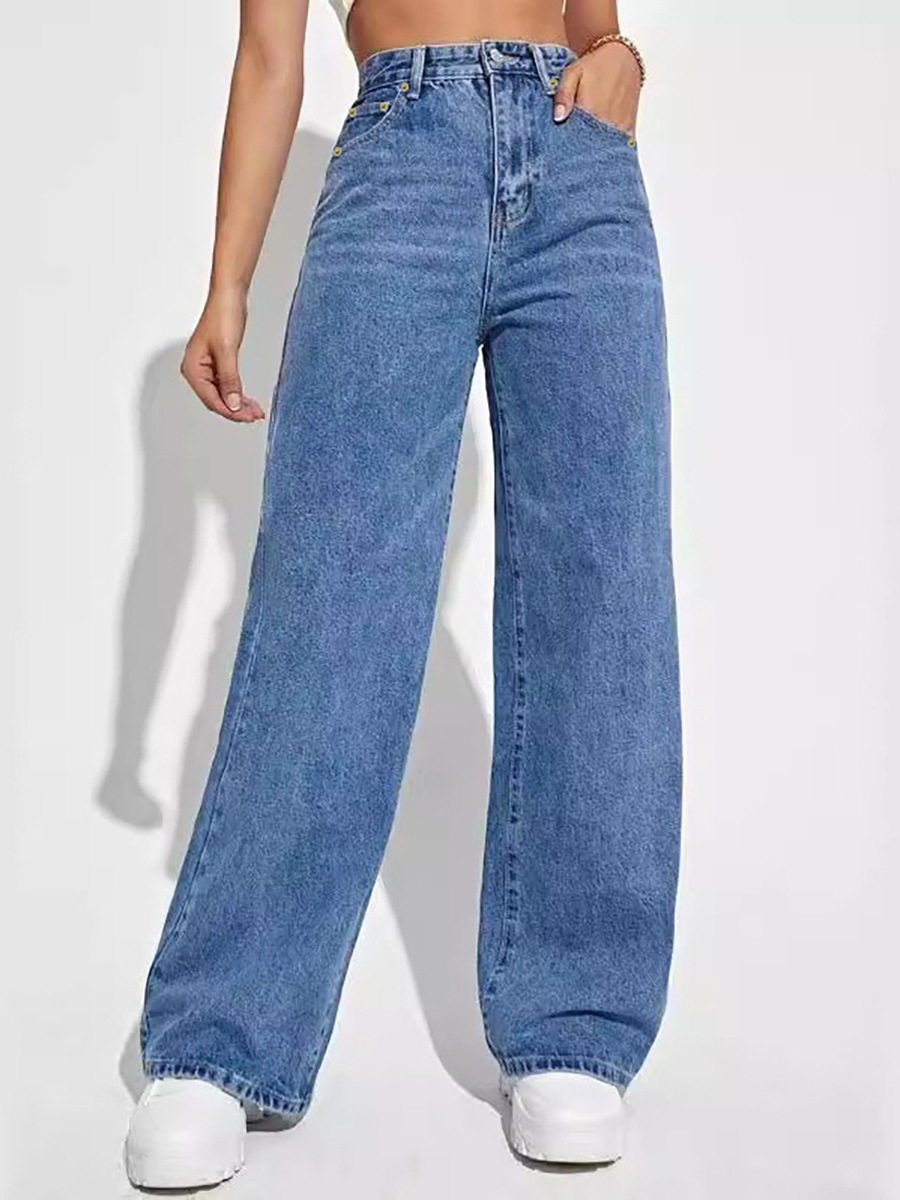 Jeans Rectos de Tiro Alto para Mujer de Algodón y Poliéster, Sin Elasticidad