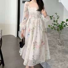 2025春新款 林中花雨 法式连衣裙鱼骨显瘦印花初恋仙女裙茶歇长裙