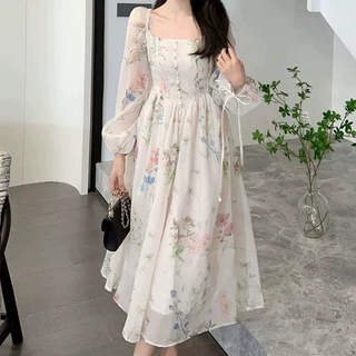2025春新款 林中花雨 法式连衣裙鱼骨显瘦印花初恋仙女裙茶歇长裙