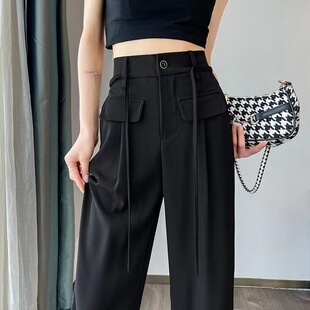 High-End Black Suit Pants for Women, Summer Thin High-Waisted Narrow Version Ice Silk Wide-Leg Pants, Casual Floor-Length Pants