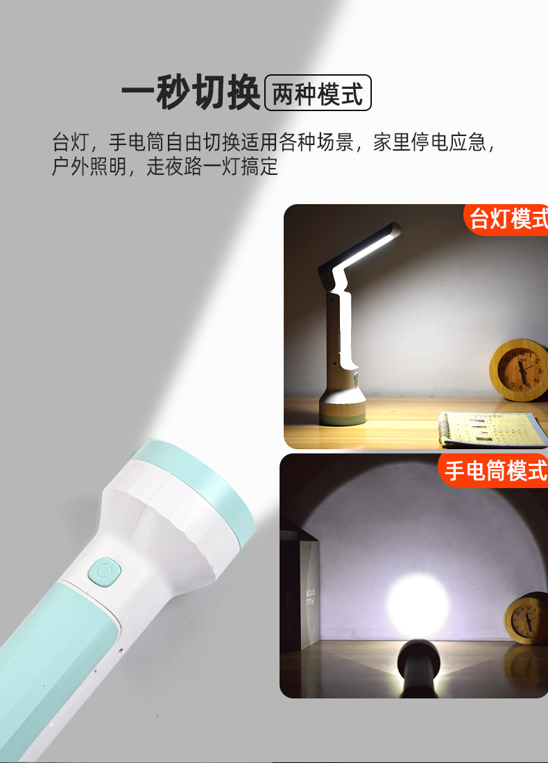 Desk Lamp and Flashlight Dual-Purpose Student Flashlight, Foldable Flip-Top, Strong Light, Long-Range, Portable, Household Emergency Light, Rechargeable