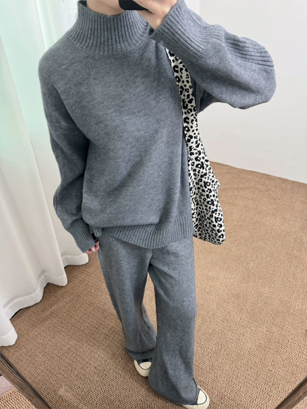 韩系半高领跨境针织套装女亚马逊秋冬新款慵懒风直筒裤毛衣两件套|undefined