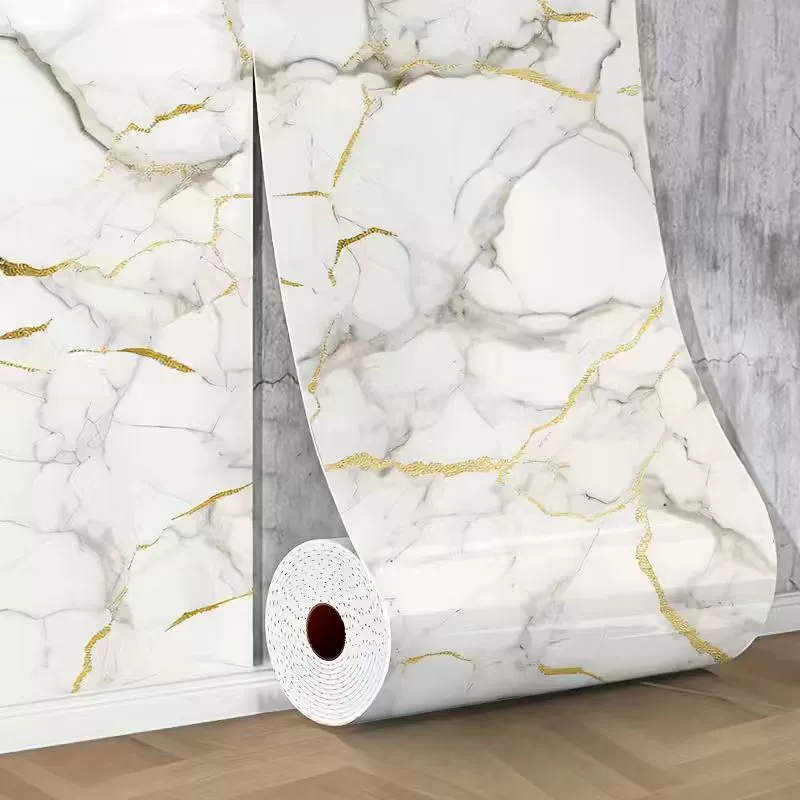 Marble-look self-adhesive wall panel roll
